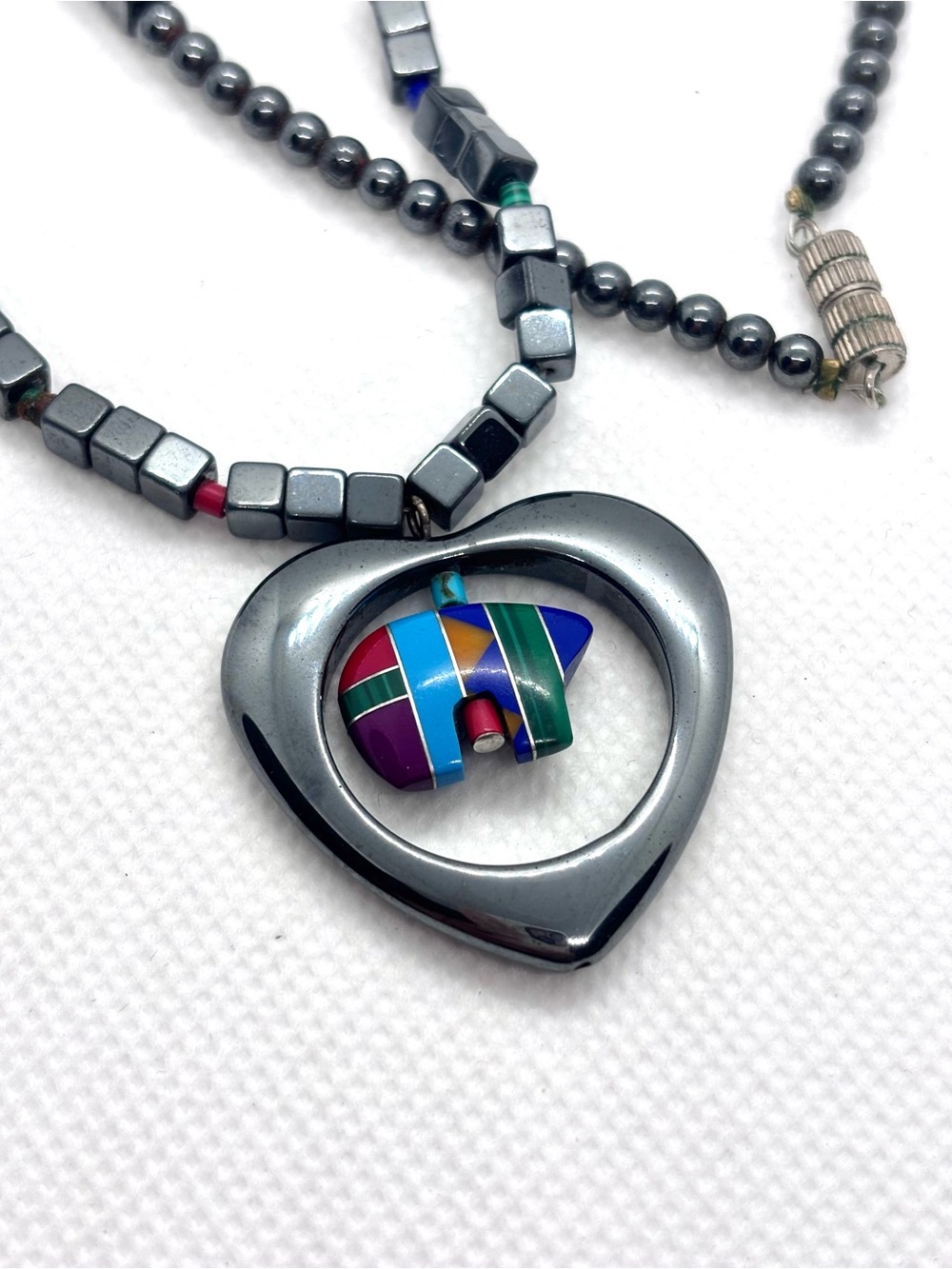 VINTAGE Native American Bear Necklace– Hematite Beads, Multicolor Stone, Boho